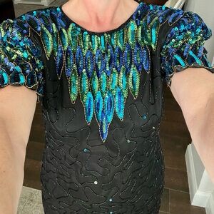 Elegant Vintage JMC 80s Black and Blue Sequin Midi Dress